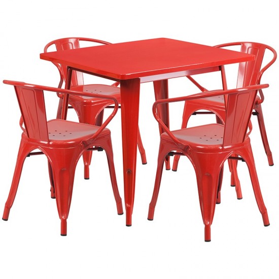 Commercial Grade 31.5" Square Red Metal Indoor-Outdoor Table Set with 4 Arm Chairs