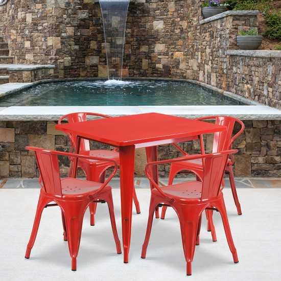 Commercial Grade 31.5" Square Red Metal Indoor-Outdoor Table Set with 4 Arm Chairs