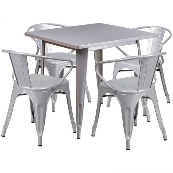 Commercial Grade 31.5" Square Silver Metal Indoor-Outdoor Table Set with 4 Arm Chairs