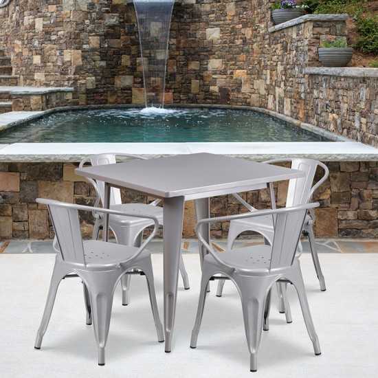 Commercial Grade 31.5" Square Silver Metal Indoor-Outdoor Table Set with 4 Arm Chairs