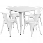 Commercial Grade 31.5" Square White Metal Indoor-Outdoor Table Set with 4 Arm Chairs