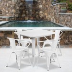 Commercial Grade 31.5" Square White Metal Indoor-Outdoor Table Set with 4 Arm Chairs