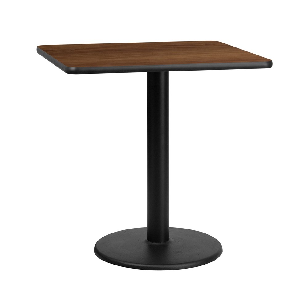 30'' Square Walnut Laminate Table Top with 18'' Round Table Height Base
