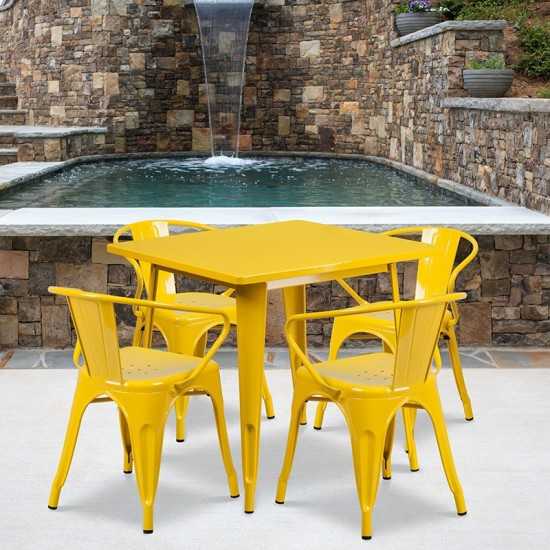 Commercial Grade 31.5" Square Yellow Metal Indoor-Outdoor Table Set with 4 Arm Chairs