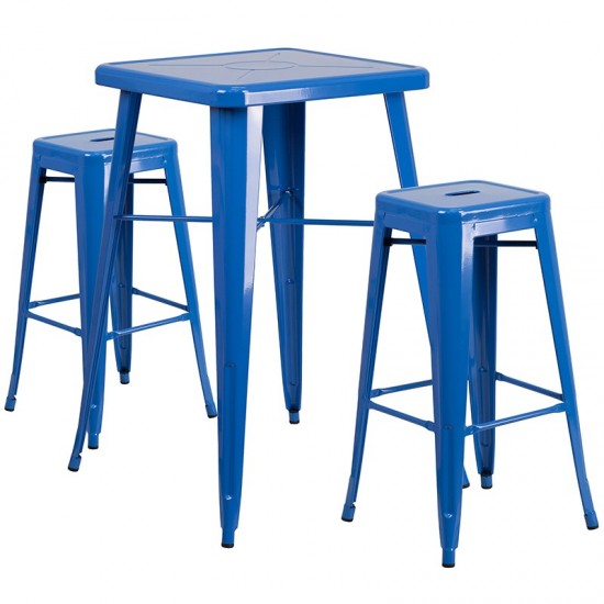 Commercial Grade 23.75" Square Blue Metal Indoor-Outdoor Bar Table Set with 2 Square Seat Backless Stools