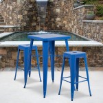 Commercial Grade 23.75" Square Blue Metal Indoor-Outdoor Bar Table Set with 2 Square Seat Backless Stools