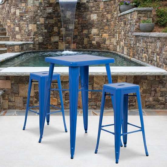 Commercial Grade 23.75" Square Blue Metal Indoor-Outdoor Bar Table Set with 2 Square Seat Backless Stools