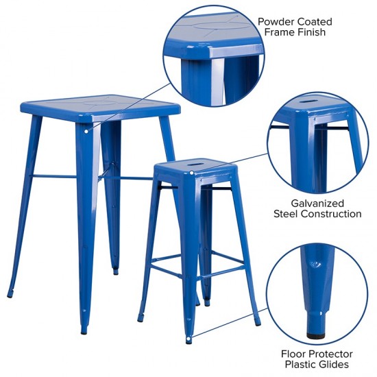 Commercial Grade 23.75" Square Blue Metal Indoor-Outdoor Bar Table Set with 2 Square Seat Backless Stools