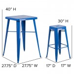 Commercial Grade 23.75" Square Blue Metal Indoor-Outdoor Bar Table Set with 2 Square Seat Backless Stools