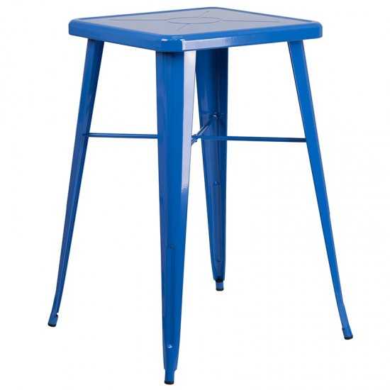 Commercial Grade 23.75" Square Blue Metal Indoor-Outdoor Bar Table Set with 2 Square Seat Backless Stools