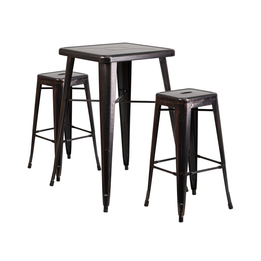 Commercial Grade 23.75" Square Black-Antique Gold Metal Indoor-Outdoor Bar Table Set with 2 Square Seat Backless Stools