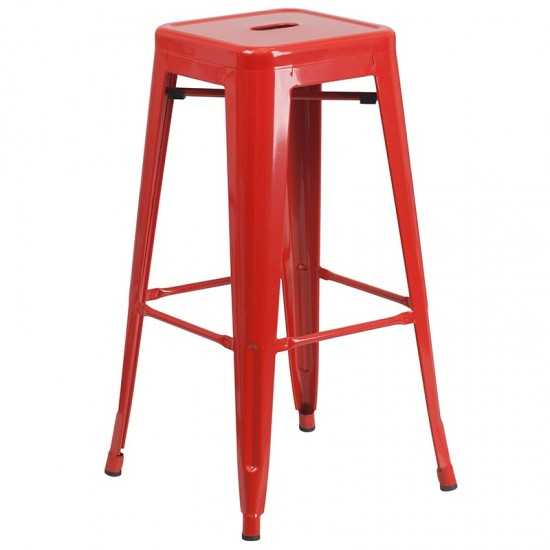 Commercial Grade 23.75" Square Red Metal Indoor-Outdoor Bar Table Set with 2 Square Seat Backless Stools