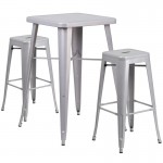 Commercial Grade 23.75" Square Silver Metal Indoor-Outdoor Bar Table Set with 2 Square Seat Backless Stools