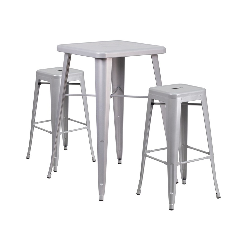 Commercial Grade 23.75" Square Silver Metal Indoor-Outdoor Bar Table Set with 2 Square Seat Backless Stools