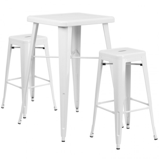 Commercial Grade 23.75" Square White Metal Indoor-Outdoor Bar Table Set with 2 Square Seat Backless Stools