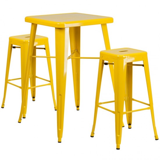 Commercial Grade 23.75" Square Yellow Metal Indoor-Outdoor Bar Table Set with 2 Square Seat Backless Stools
