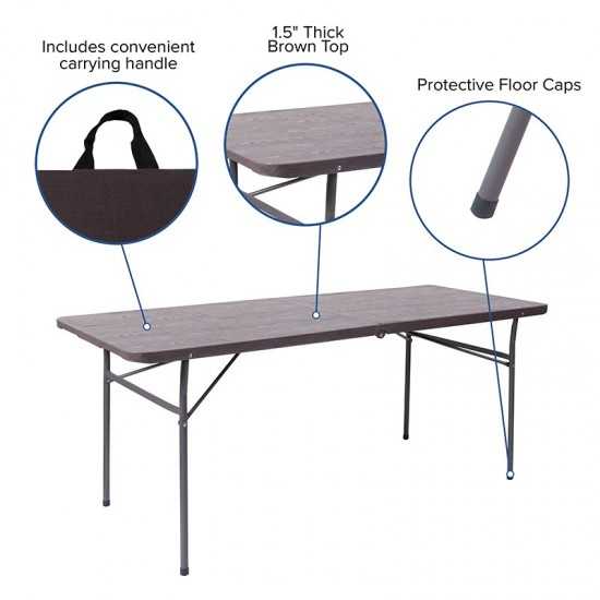 6-Foot Bi-Fold Brown Wood Grain Plastic Folding Table with Carrying Handle