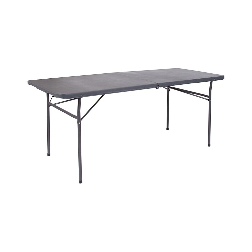 6-Foot Bi-Fold Dark Gray Plastic Folding Table with Carrying Handle