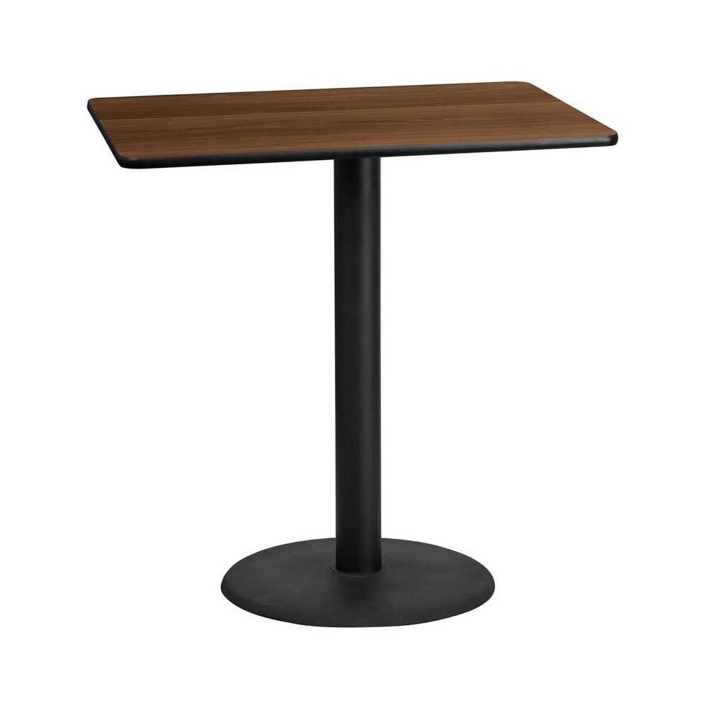 30'' x 45'' Rectangular Walnut Laminate Table Top with 24'' Round Bar Height Table Base 30'' x 45'' Rectangular Walnut Laminate Table Top with 24'' Round Bar Height Table Base