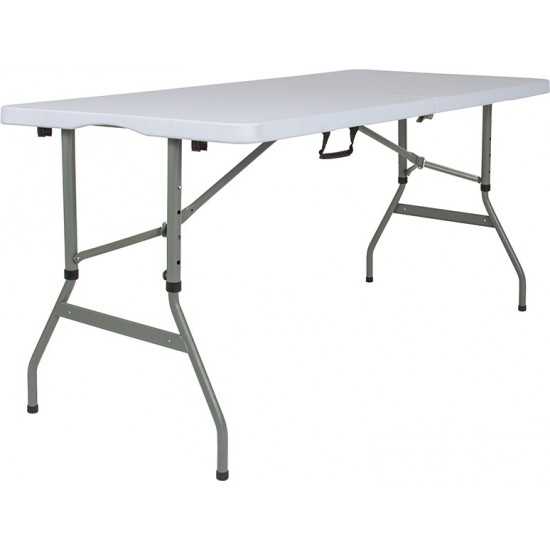 5-Foot Height Adjustable Bi-Fold Granite White Plastic Banquet and Event Folding Table with Carrying Handle