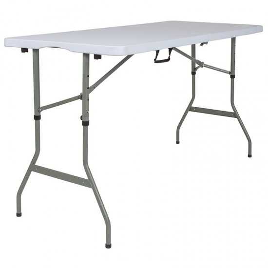 5-Foot Height Adjustable Bi-Fold Granite White Plastic Banquet and Event Folding Table with Carrying Handle