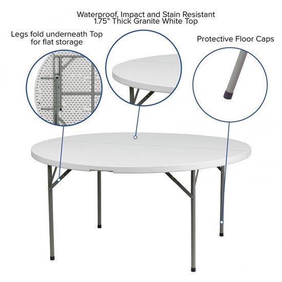 5-Foot Round Granite White Plastic Folding Table