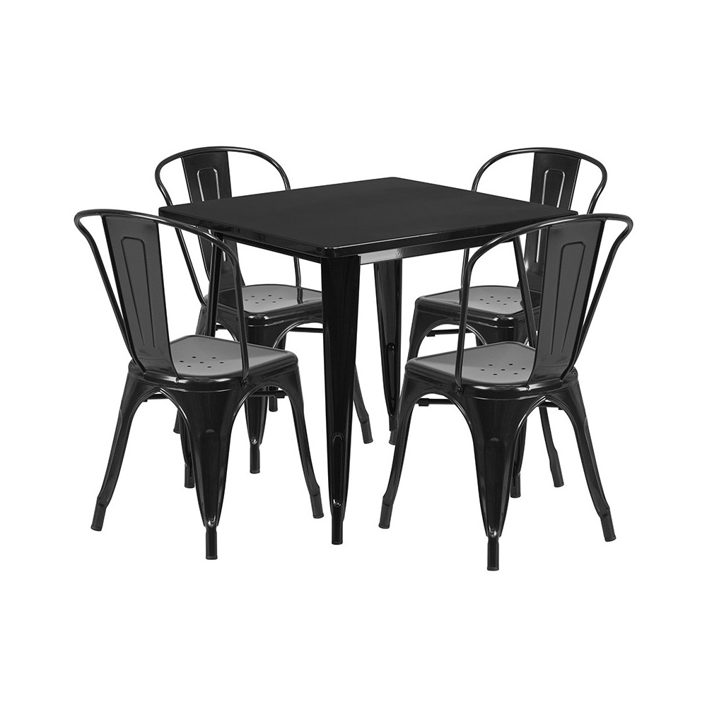 Commercial Grade 31.5" Square Black Metal Indoor-Outdoor Table Set with 4 Stack Chairs Commercial Grade 31.5" Square Black Metal Indoor-Outdoor Table Set with 4 Stack Chairs