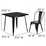 Commercial Grade 31.5" Square Black Metal Indoor-Outdoor Table Set with 4 Stack Chairs
