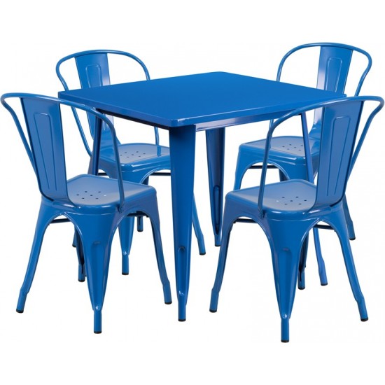 Commercial Grade 31.5" Square Blue Metal Indoor-Outdoor Table Set with 4 Stack Chairs