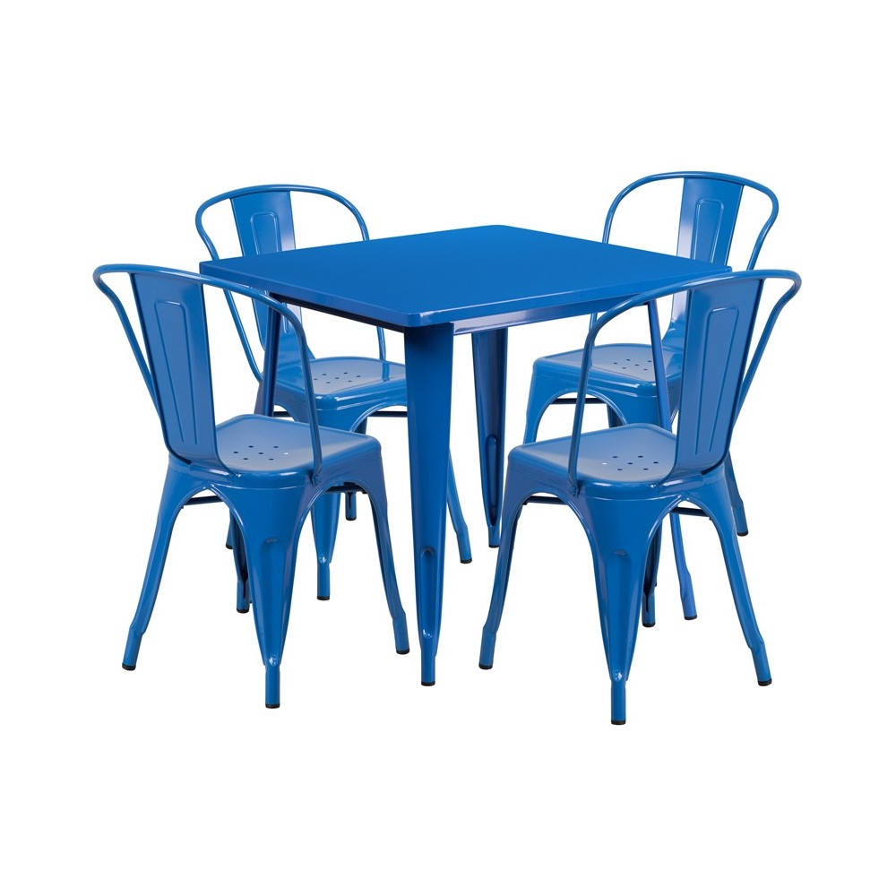 Commercial Grade 31.5" Square Blue Metal Indoor-Outdoor Table Set with 4 Stack Chairs