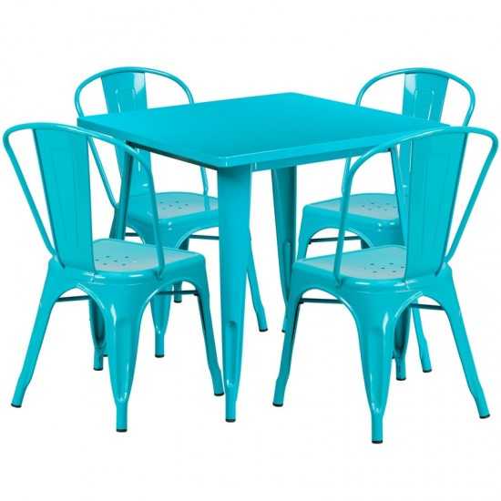 Commercial Grade 31.5" Square Crystal Teal-Blue Metal Indoor-Outdoor Table Set with 4 Stack Chairs