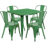 Commercial Grade 31.5" Square Green Metal Indoor-Outdoor Table Set with 4 Stack Chairs