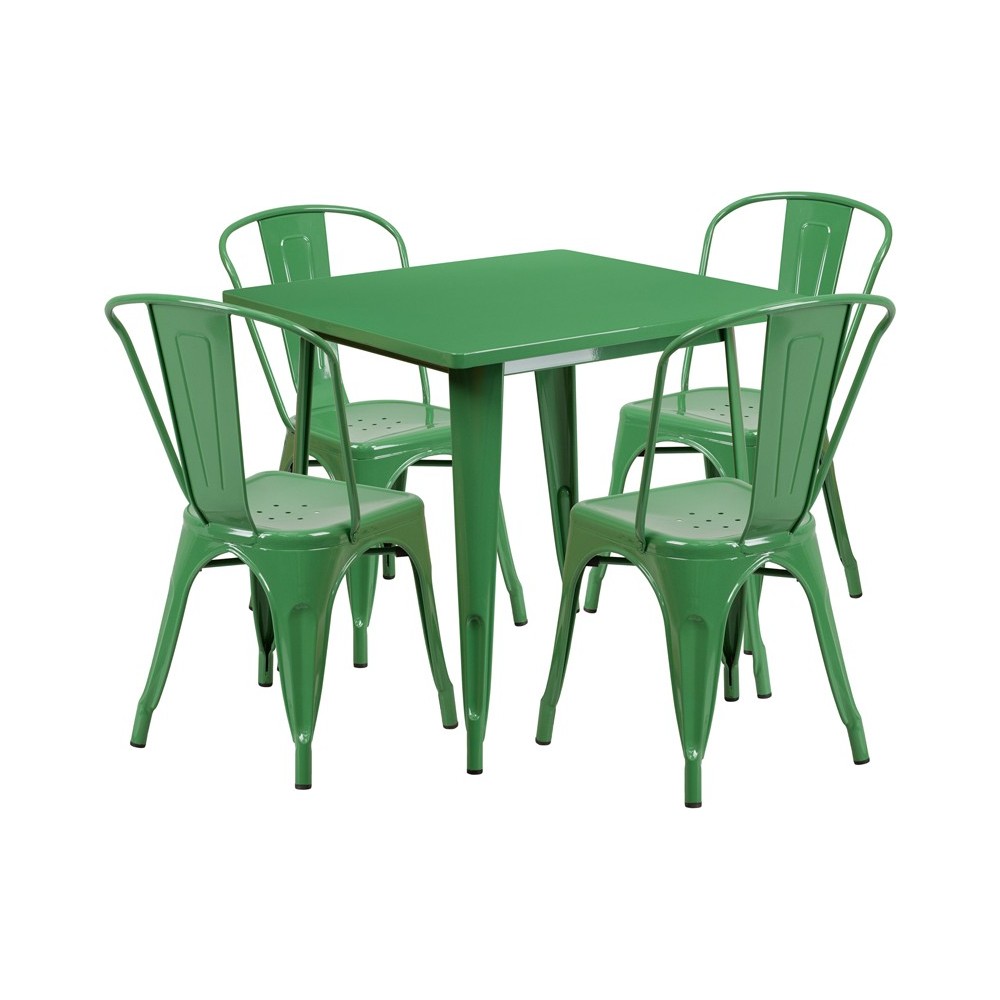Commercial Grade 31.5" Square Green Metal Indoor-Outdoor Table Set with 4 Stack Chairs