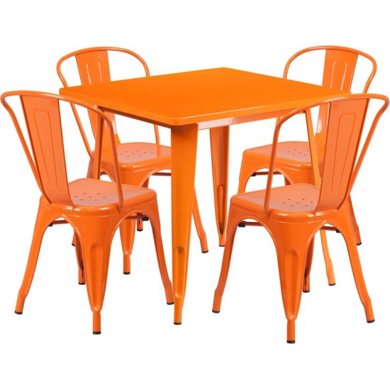 Commercial Grade 31.5" Square Orange Metal Indoor-Outdoor Table Set with 4 Stack Chairs