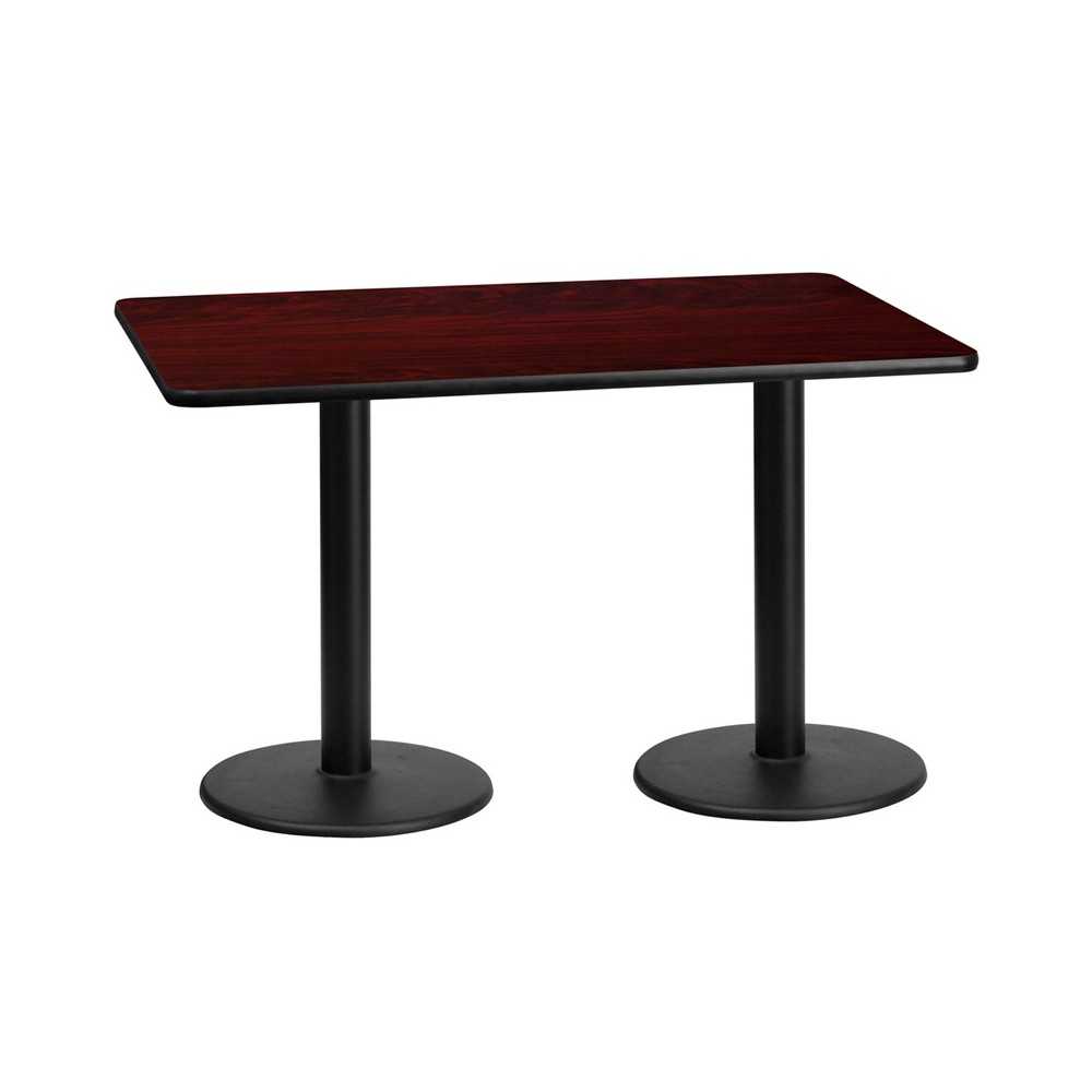 30'' x 60'' Rectangular Mahogany Laminate Table Top with 18'' Round Table Height Bases 30'' x 60'' Rectangular Mahogany Laminate Table Top with 18'' Round Table Height Bases