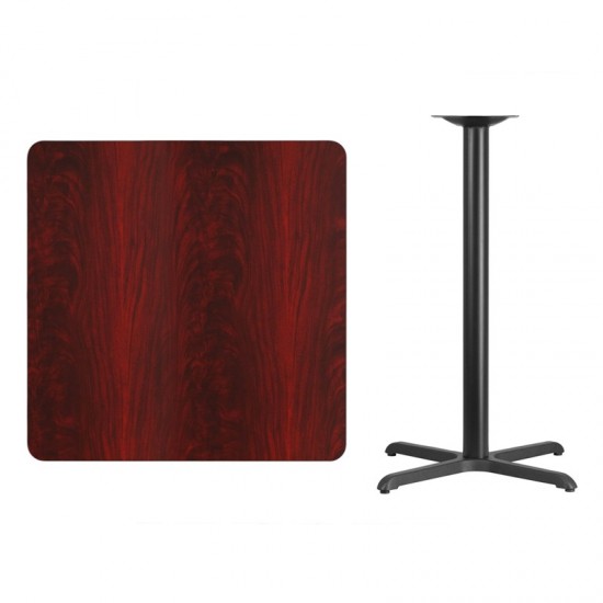 36'' Square Mahogany Laminate Table Top with 30'' x 30'' Bar Height Table Base