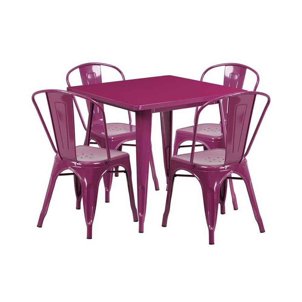Commercial Grade 31.5" Square Purple Metal Indoor-Outdoor Table Set with 4 Stack Chairs