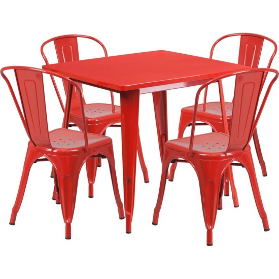 Commercial Grade 31.5" Square Red Metal Indoor-Outdoor Table Set with 4 Stack Chairs