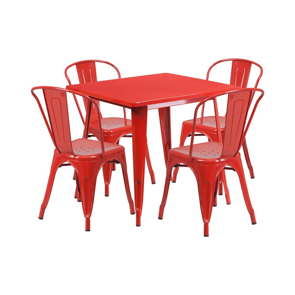 Commercial Grade 31.5" Square Red Metal Indoor-Outdoor Table Set with 4 Stack Chairs Commercial Grade 31.5" Square Red Metal Indoor-Outdoor Table Set with 4 Stack Chairs