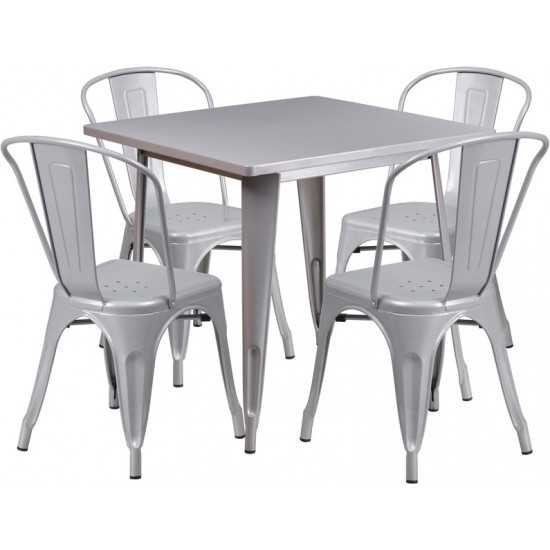 Commercial Grade 31.5" Square Silver Metal Indoor-Outdoor Table Set with 4 Stack Chairs