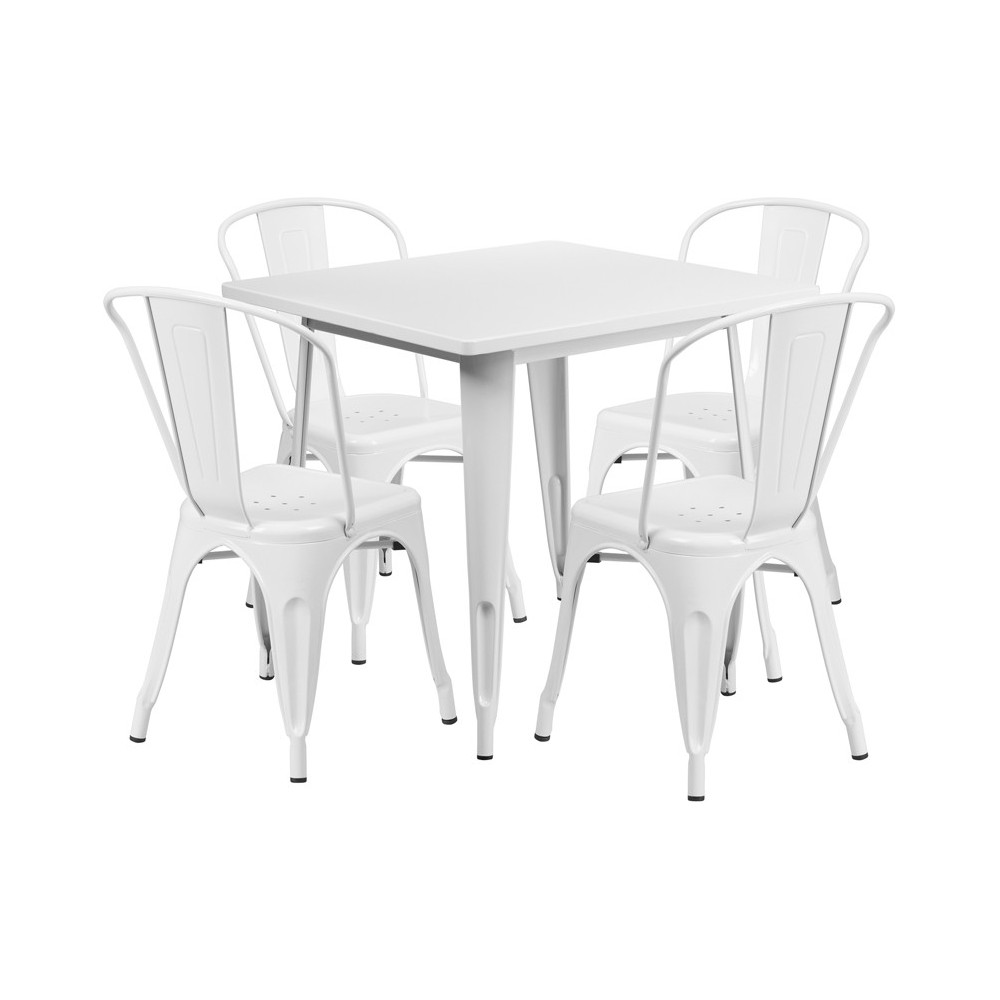 Commercial Grade 31.5" Square White Metal Indoor-Outdoor Table Set with 4 Stack Chairs