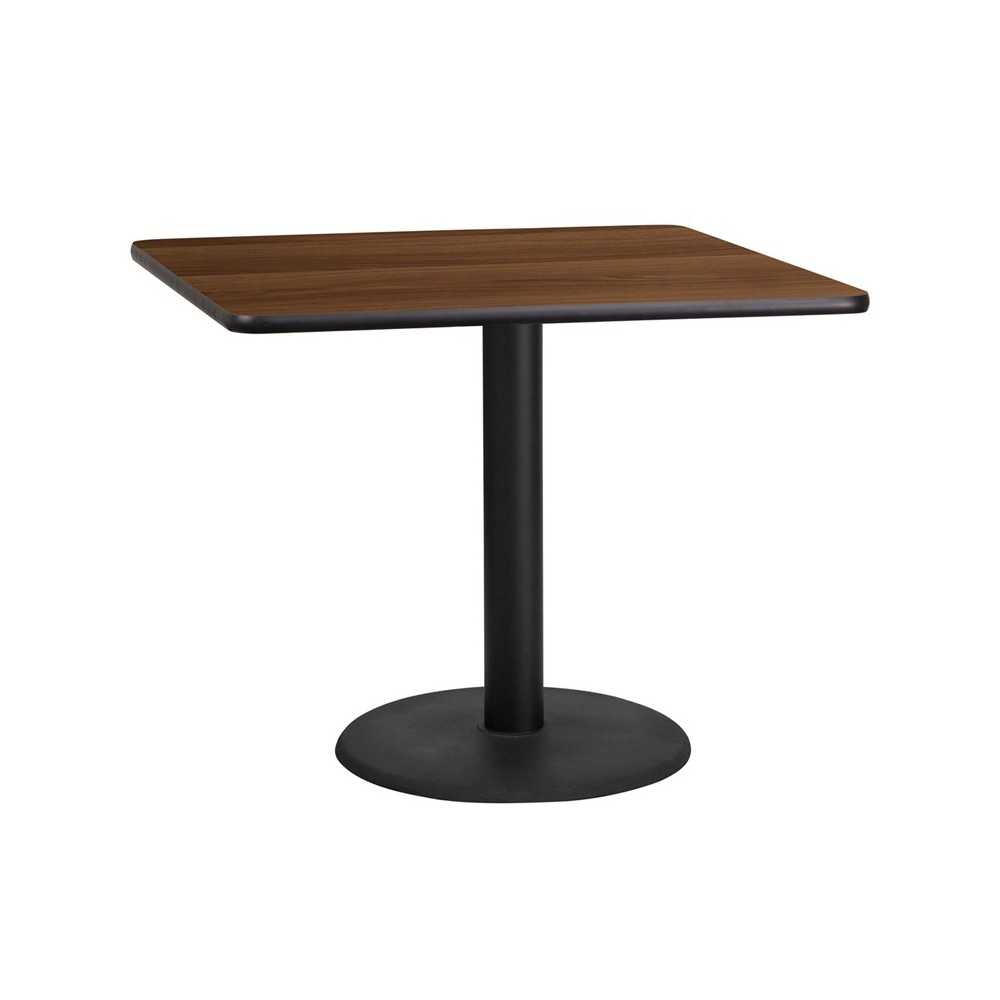 36'' Square Walnut Laminate Table Top with 24'' Round Table Height Base 36'' Square Walnut Laminate Table Top with 24'' Round Table Height Base
