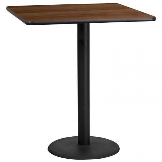 36'' Square Walnut Laminate Table Top with 24'' Round Bar Height Table Base