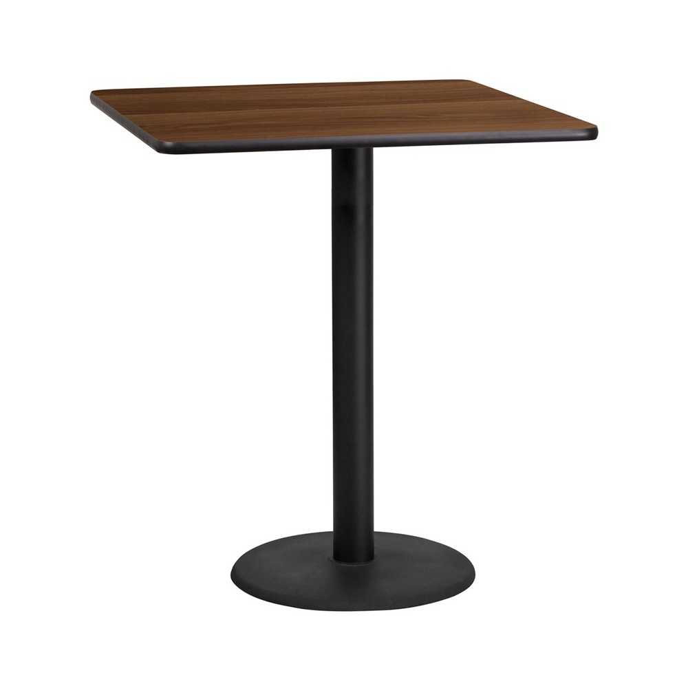 36'' Square Walnut Laminate Table Top with 24'' Round Bar Height Table Base 36'' Square Walnut Laminate Table Top with 24'' Round Bar Height Table Base