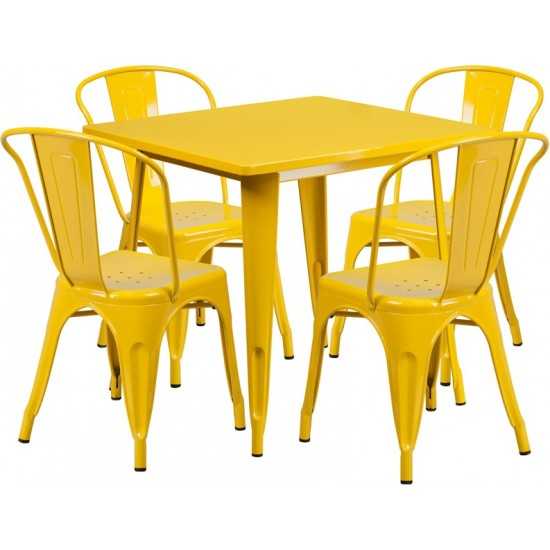 Commercial Grade 31.5" Square Yellow Metal Indoor-Outdoor Table Set with 4 Stack Chairs