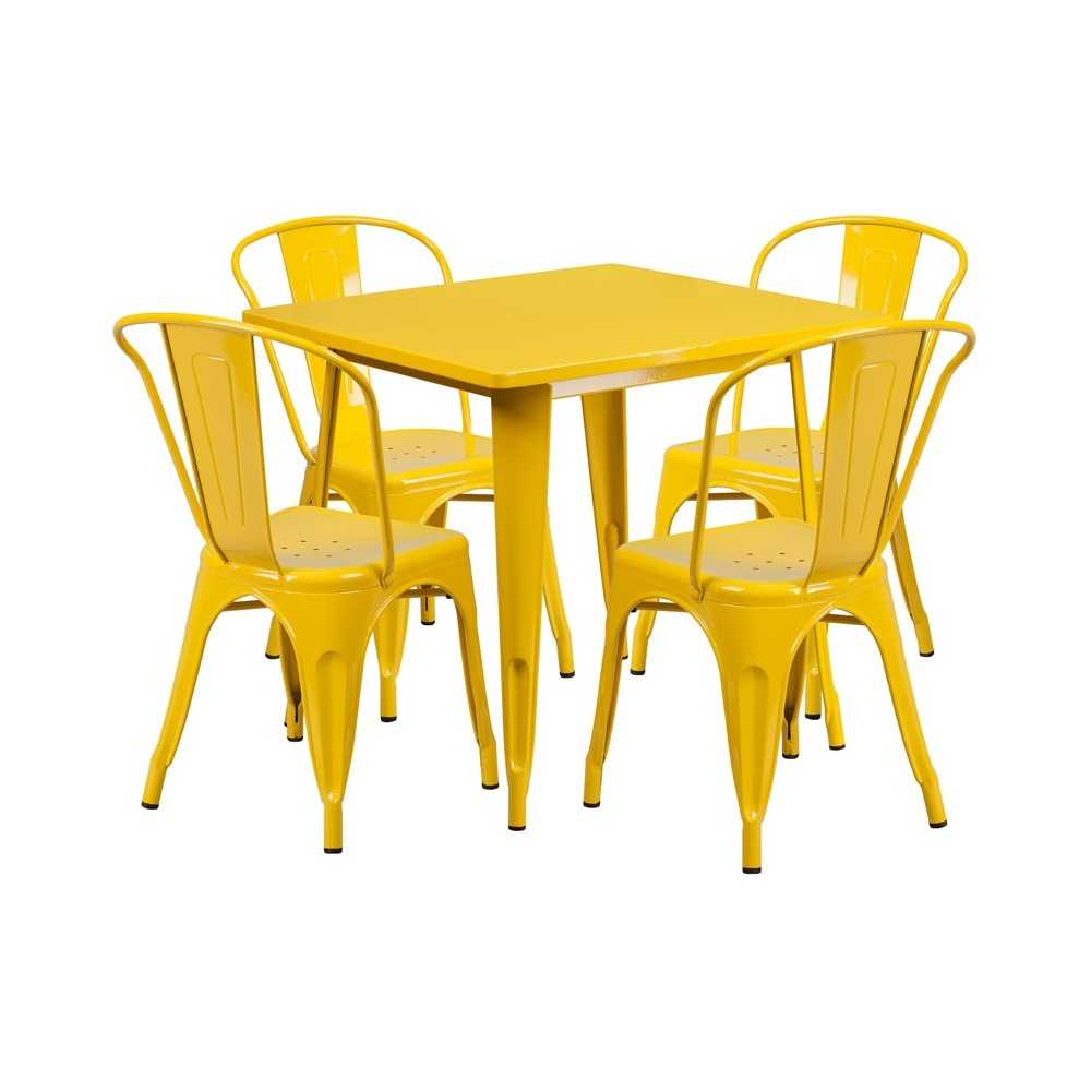 Commercial Grade 31.5" Square Yellow Metal Indoor-Outdoor Table Set with 4 Stack Chairs