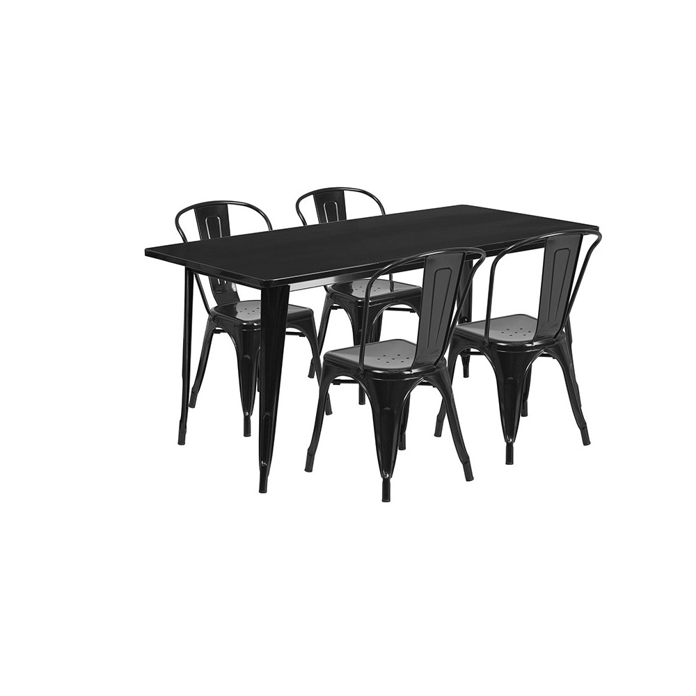 Commercial Grade 31.5" x 63" Rectangular Black Metal Indoor-Outdoor Table Set with 4 Stack Chairs Commercial Grade 31.5" x 63" Rectangular Black Metal Indoor-Outdoor Table Set with 4 Stack Chairs
