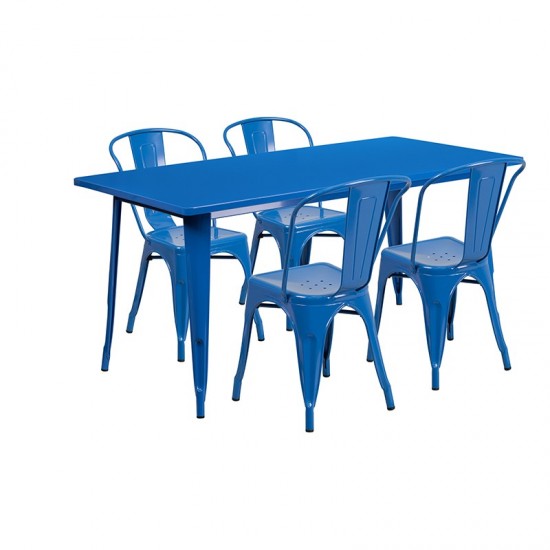 Commercial Grade 31.5" x 63" Rectangular Blue Metal Indoor-Outdoor Table Set with 4 Stack Chairs