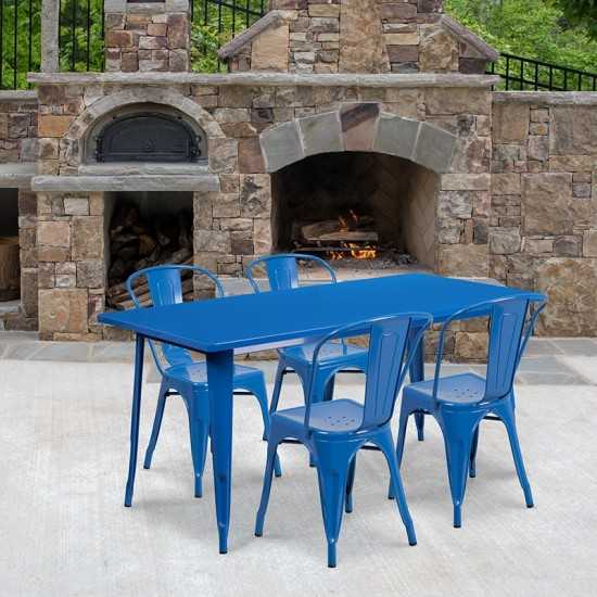 Commercial Grade 31.5" x 63" Rectangular Blue Metal Indoor-Outdoor Table Set with 4 Stack Chairs