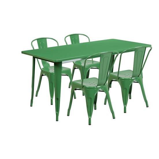 Commercial Grade 31.5" x 63" Rectangular Green Metal Indoor-Outdoor Table Set with 4 Stack Chairs
